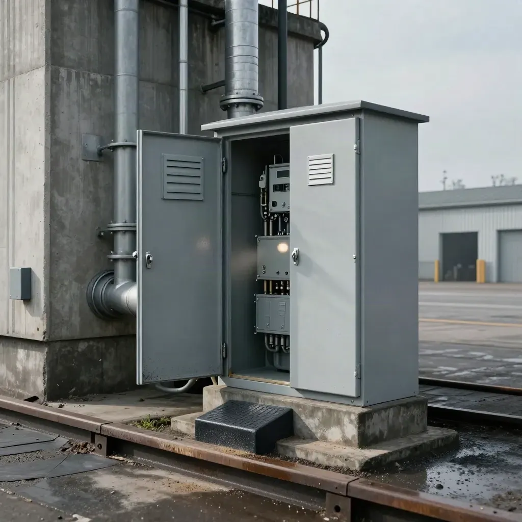 Open transformer kiosk and charge cabinet on a windswept depot yard under shifting cloud shadow.
