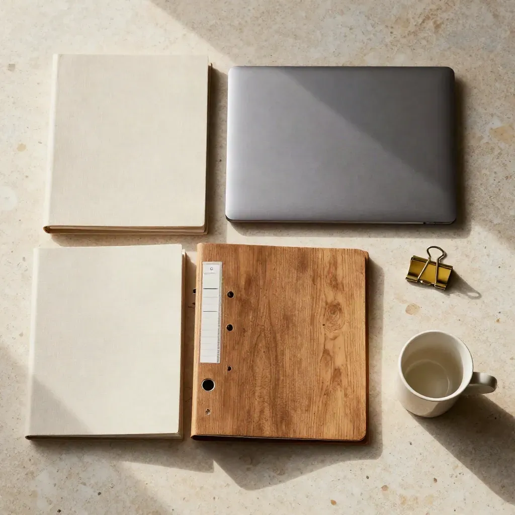 Overhead audit binders, shut laptop, brass clasp and ceramic cup on pale travertine in warm light.