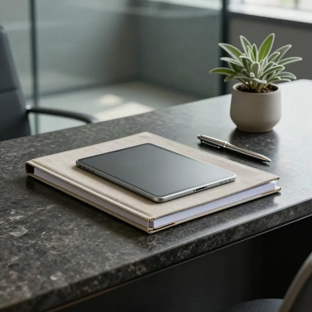 ESG folders, closed tablet, steel pen and a small plant on dark stone under dramatic light.