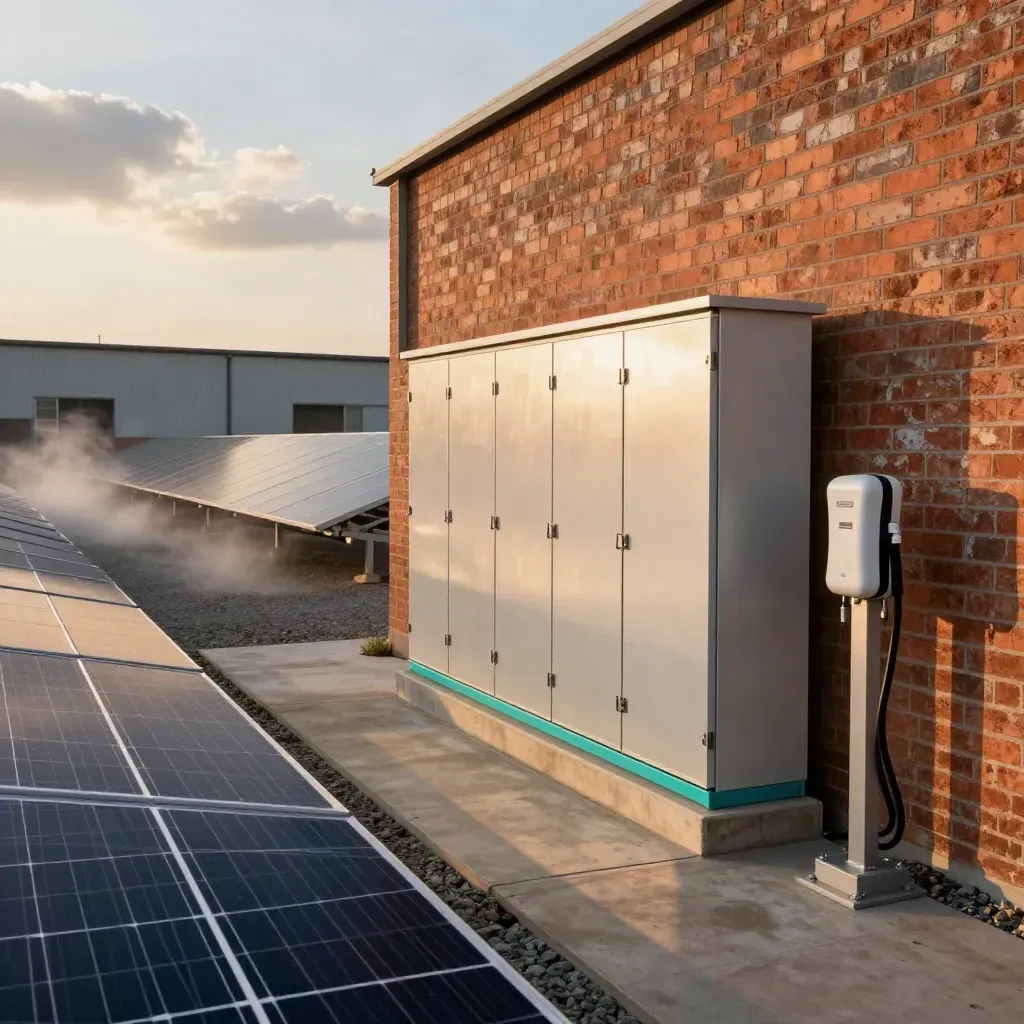 Solar panels, battery cabinet, and EV charger beside a warehouse wall at dusk.