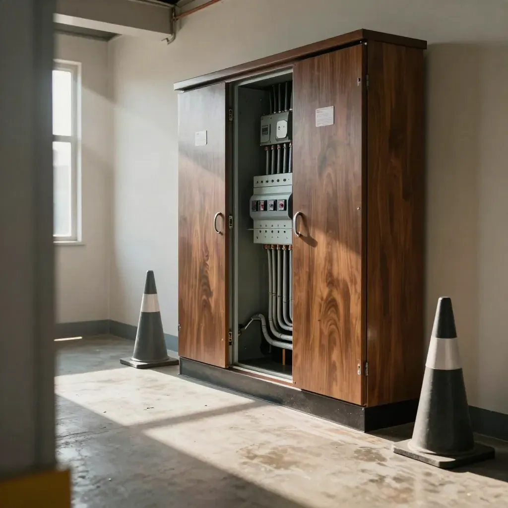 Open electrical intake room with breaker cabinet, conduit and safety cones from floor level.