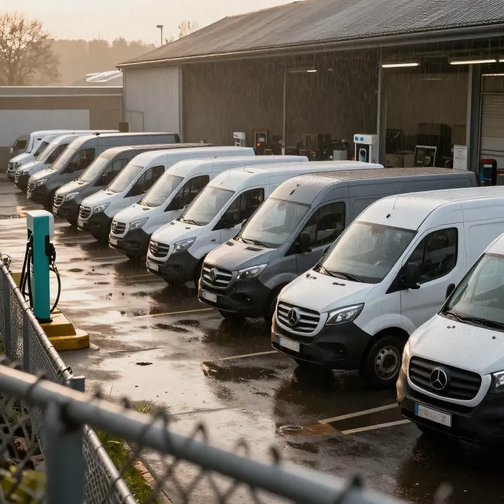 Vans queue beside a charger island in a wet depot yard under drizzle and warm light.