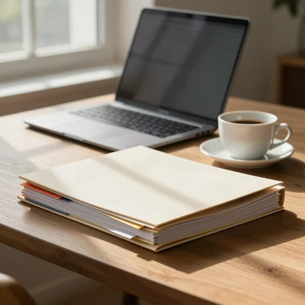 Sunlit consulting folders, closed laptop and coffee cup on a window table