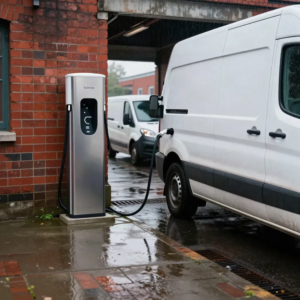 EV charger in a tight brick depot as a van noses into the bay in rain mist and low light.