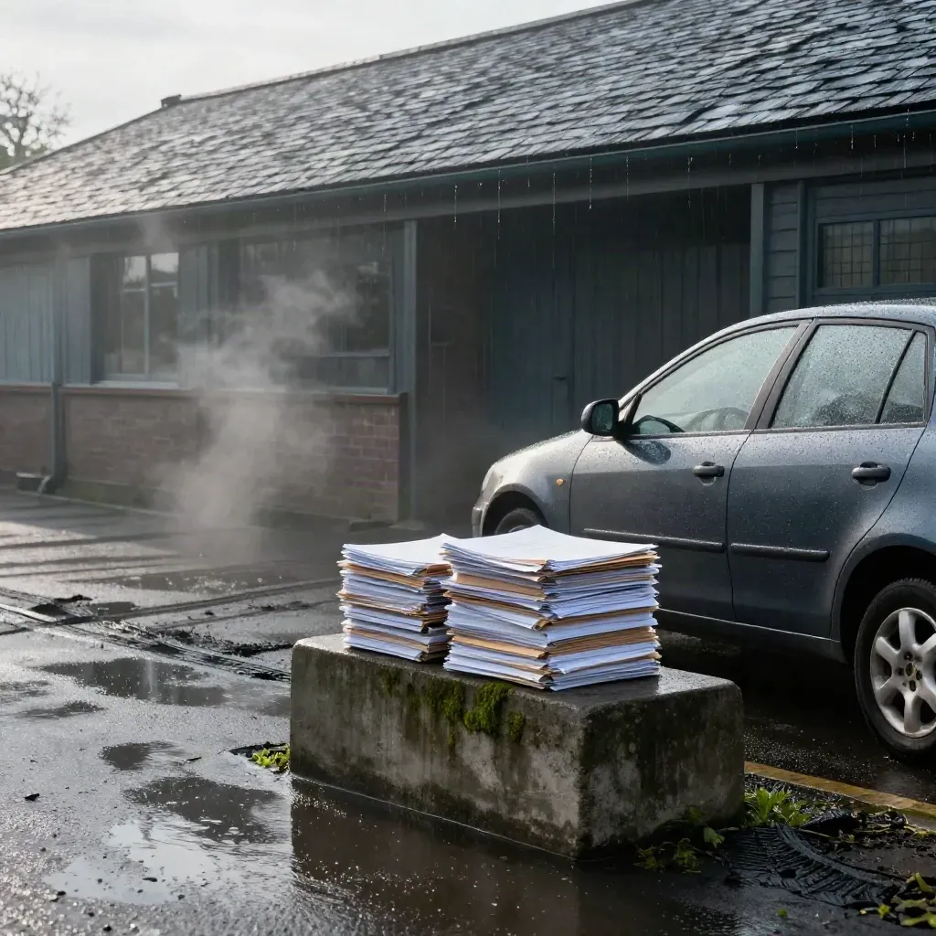 Rain-cleared industrial yard with audit folders, a parked hatchback, and steam under a slate roof.