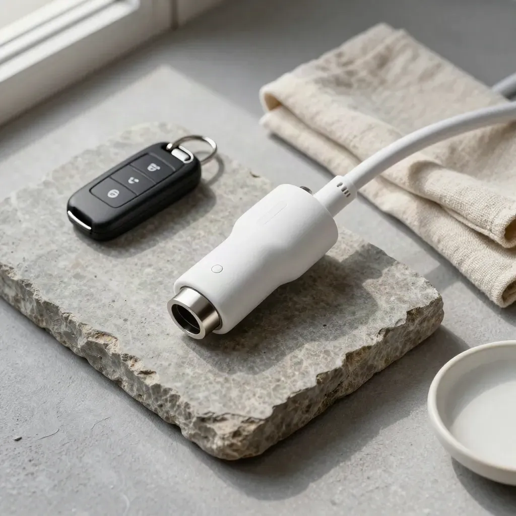 White EV charge connector with key fob, linen and ceramic dish on a stone tray.