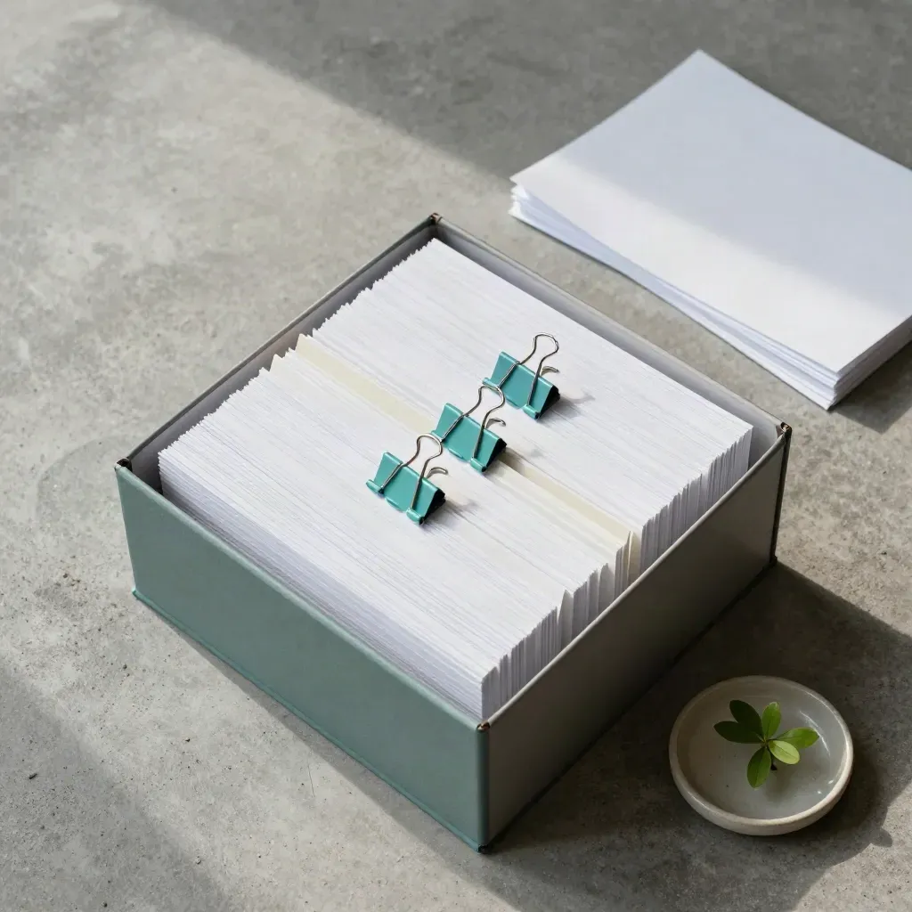 Archival file box with dividers, binder clips and a plant cutting on concrete.